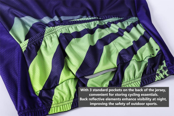 A men's sublimated cycling vest in purple and green, featuring three rear pockets and reflective elements for visibility.