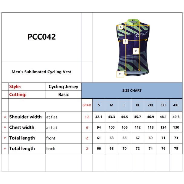 A Men's Sublimated Cycling Vest in blue and green with a geometric design and a logo. Features a size chart.