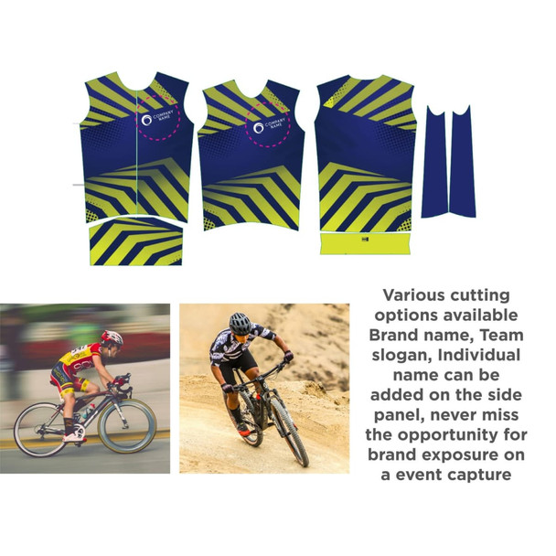 Men's sublimated cycling vest featuring a bold design with blue and yellow colours, includes a logo and various cutting options.