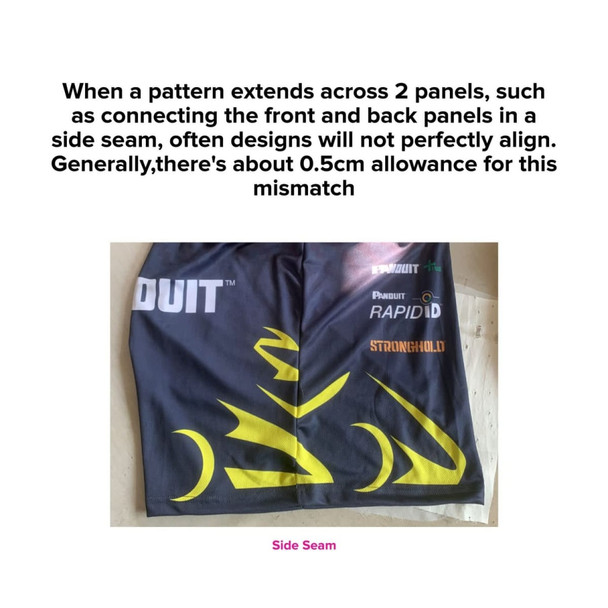 A close-up of a black and yellow garment featuring panel designs that may not perfectly align at the side seam.