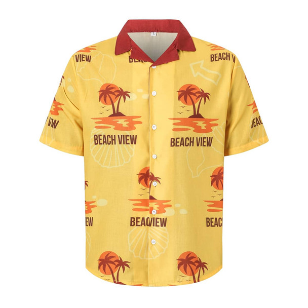 A yellow Cuban collar shirt with a red collar, featuring palm trees, shells, and sunset graphics. It has a logo.