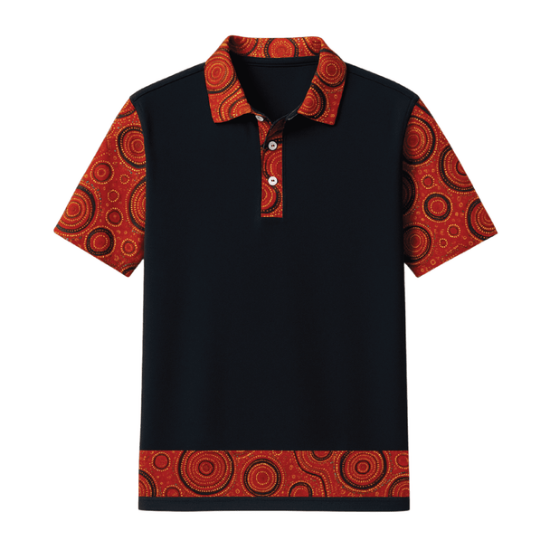 A button-down ss polo with aboriginal design.