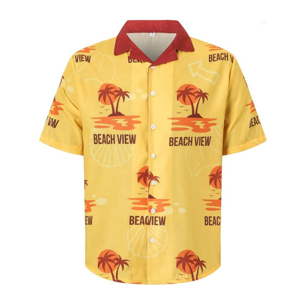 A yellow button-up shirt with a Cuban collar, featuring palm trees and “Beach View” printed on it. It has a red collar.