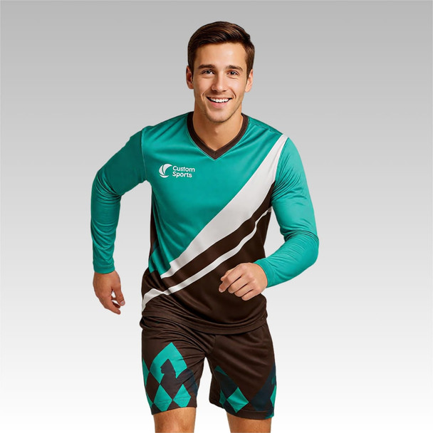 A long-sleeved football jersey in teal and brown, featuring a logo and a sporty design.