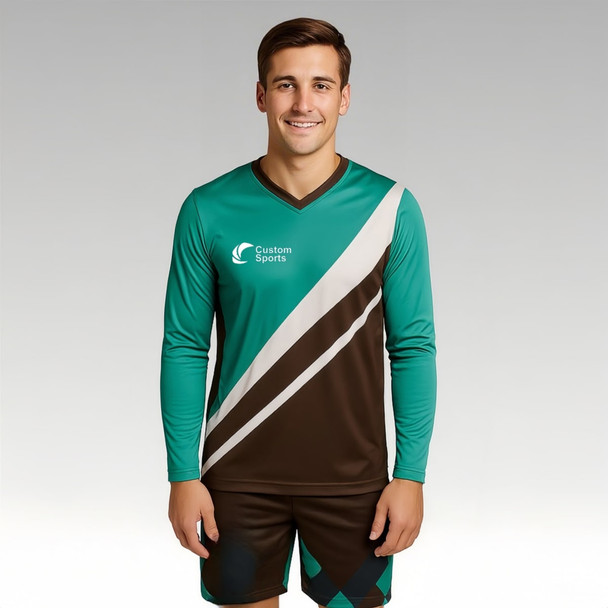 A unisex long-sleeved football jersey in teal and brown, featuring a logo and a modern design.