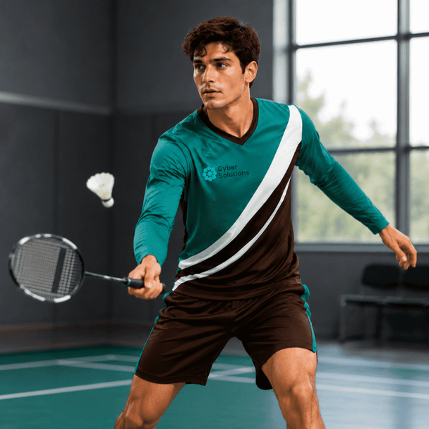 A unisex long-sleeve sports jersey in teal and brown with a logo, designed for active sports.