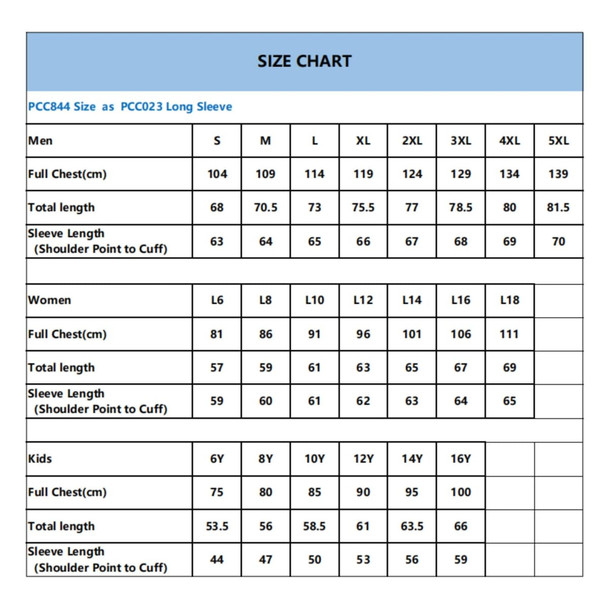 A size chart for a long sleeve shirt, detailing measurements for men, women, and kids in centimetres.
