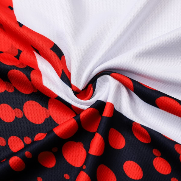 A unisex football jersey featuring a vibrant design with red, black, and white colours and a logo on the fabric.