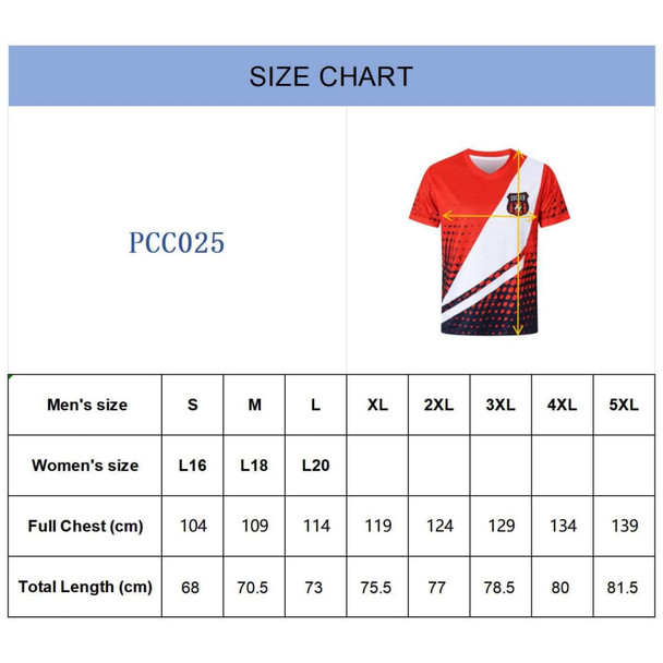 A red and white sublimated football jersey with a dynamic design and a logo on it. Features a size chart next to it.