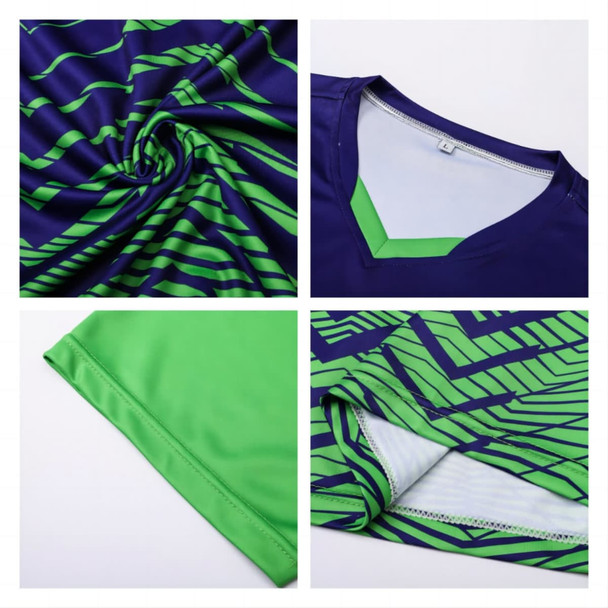 A unisex T-shirt featuring a polyester material with navy and green geometric patterns and a V-neck collar design.
