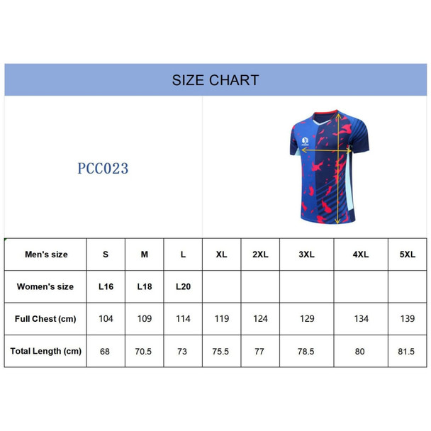 A size chart for a multi-coloured unisex T-shirt with dimensions for men's and women's sizes. Features a logo.