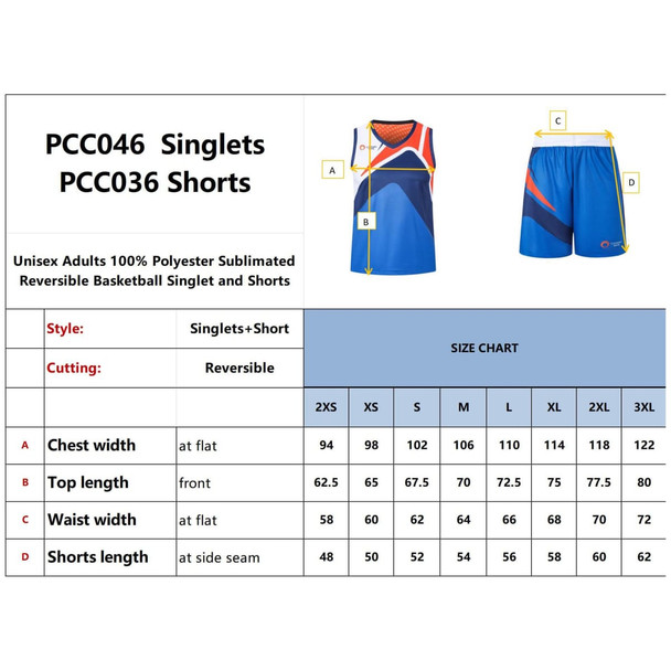 A reversible pair of basketball shorts in blue, red, and black, with a size chart and logo details.