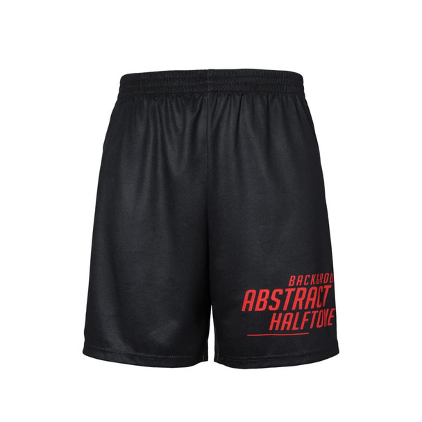 Black unisex running shorts made of 100% polyester, featuring a logo and abstract design.