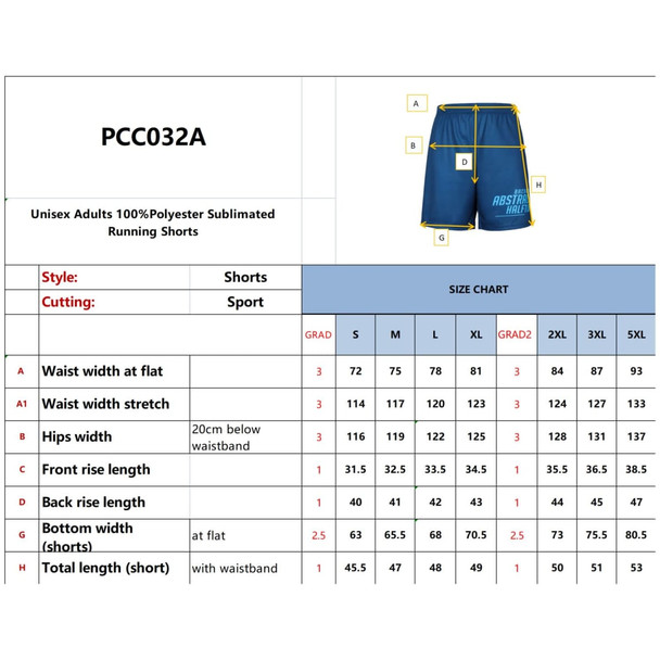 A pair of blue unisex running shorts made from 100% polyester with a logo and size chart details.