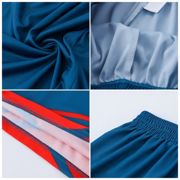 A close-up of blue polyester soccer shorts, featuring elastic waist and internal detailing, with contrasting red and pink sections.