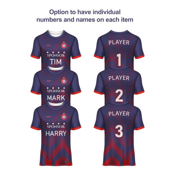 A set of three navy and maroon t-shirts featuring sublimated designs, with space for names and numbers.