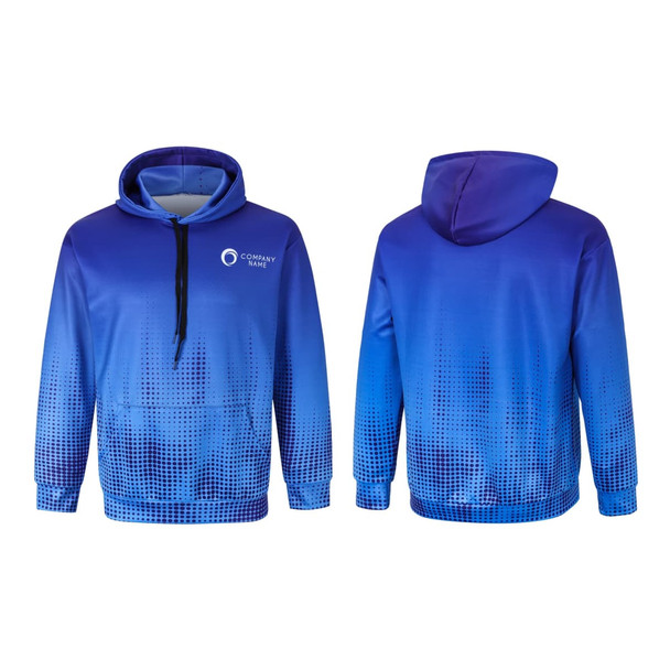 A blue gradient hoodie made of polyester and spandex, featuring a logo on the front.