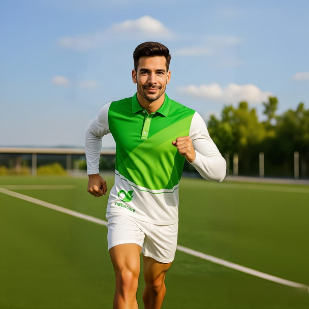 A man is running on a sports field, wearing a green and white long-sleeve polo with a logo.