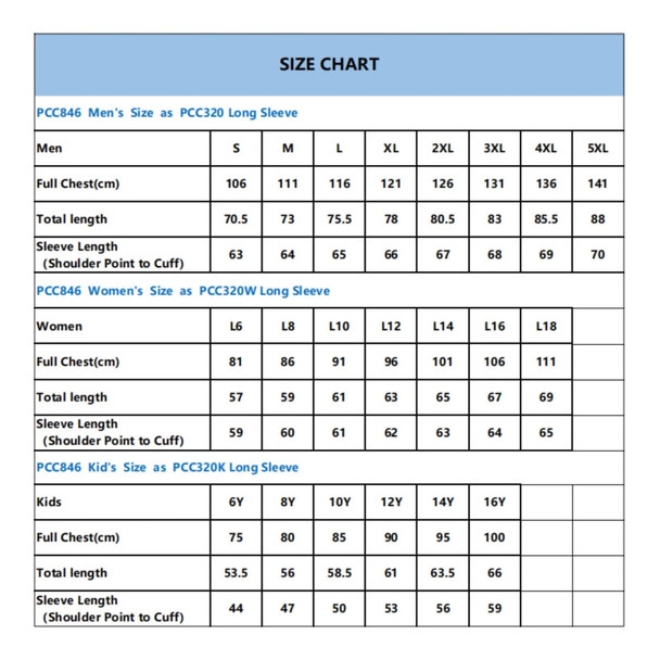 A size chart detailing measurements for men's, women's, and kids' long sleeve shirts, with various size options listed.