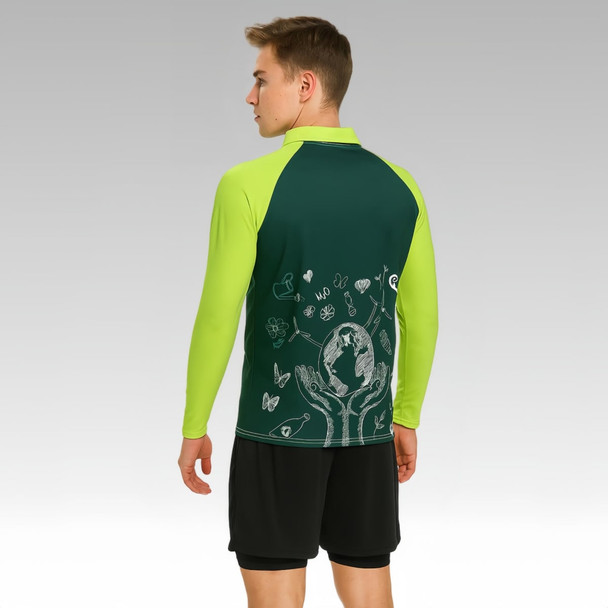 A long-sleeved polo shirt featuring a dark green and bright lime colour scheme, with a nature-themed design on the back.