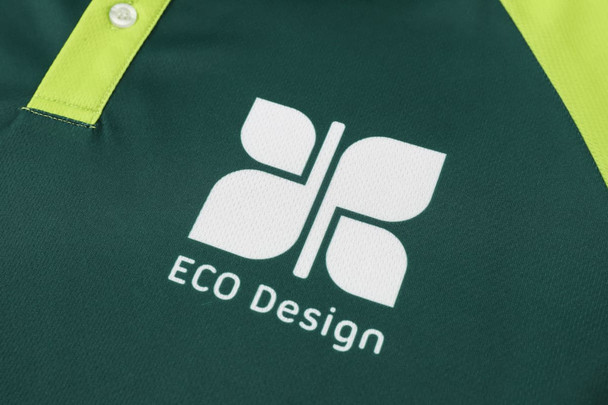 A green and lime unisex RPET sublimated raglan polo shirt with an eco-friendly logo.