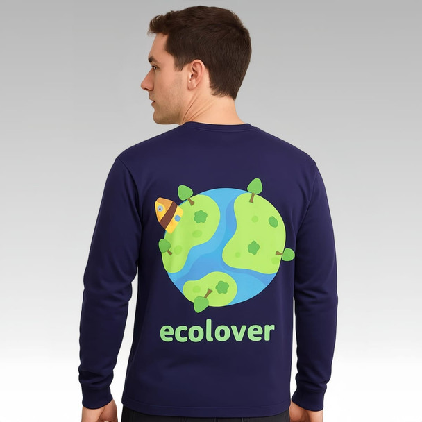 A navy long-sleeve V-neck shirt featuring a graphic of a globe surrounded by trees and the word "ecolover" on the back.