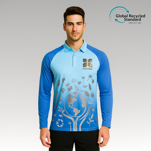 A unisex adults' long-sleeve polo in blue with a nature-themed design and a logo on the chest.