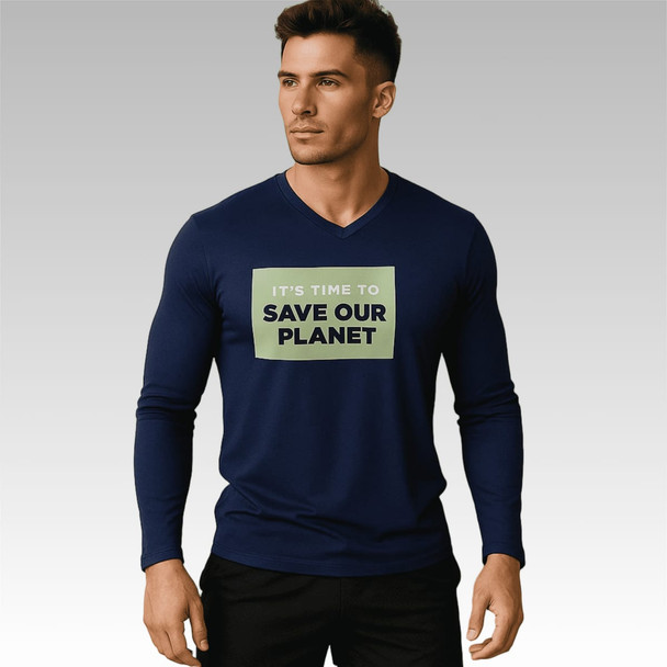 A navy V-neck long-sleeved shirt made from RPET Milk Silk featuring a front logo.