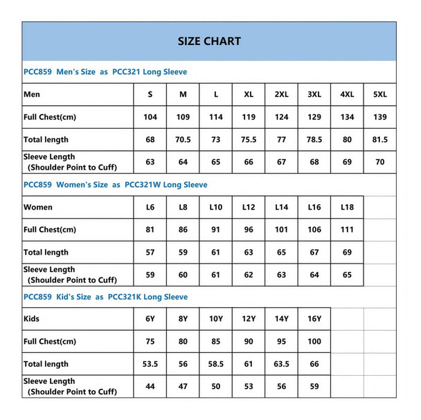 A size chart detailing measurements for unisex long sleeve shirts, including sizes for men, women, and kids.