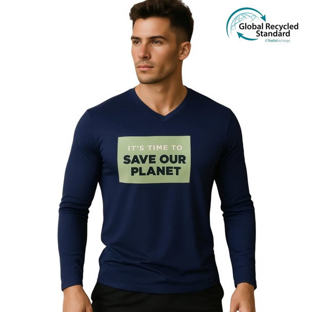 A navy unisex long-sleeve v-neck shirt featuring a large text design and a logo indicating recycled materials.