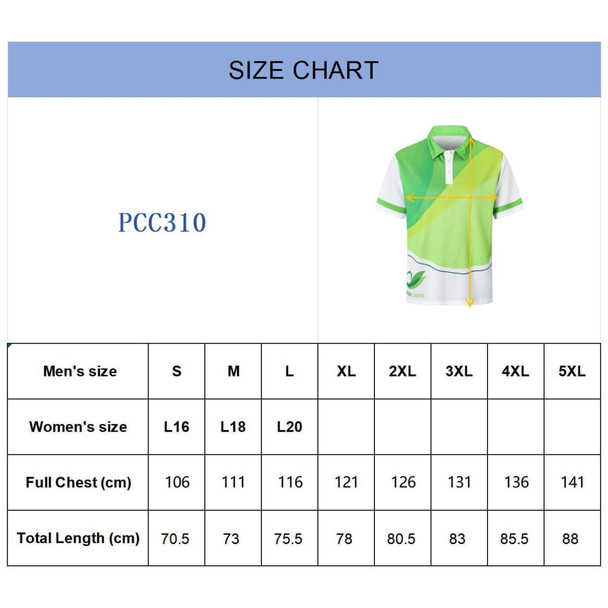 A green and yellow unisex polo shirt with a logo, displayed alongside a size chart.