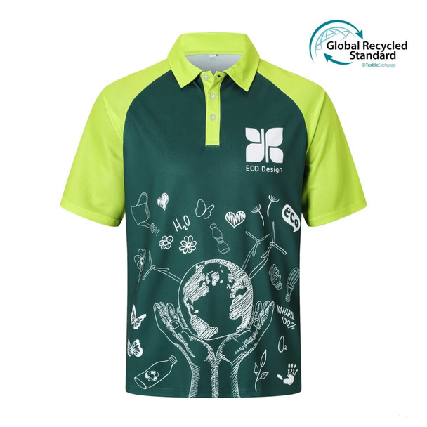 A green and bright lime unisex polo shirt with a logo and eco-themed graphics.