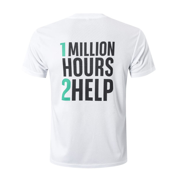 A white unisex RPET sublimated round-collar tee shirt with a large graphic on the back and a logo.