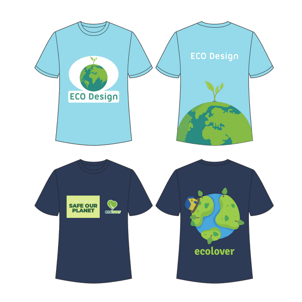 Four t-shirts displayed: two light blue with eco themes and two dark blue featuring planet designs and slogans.