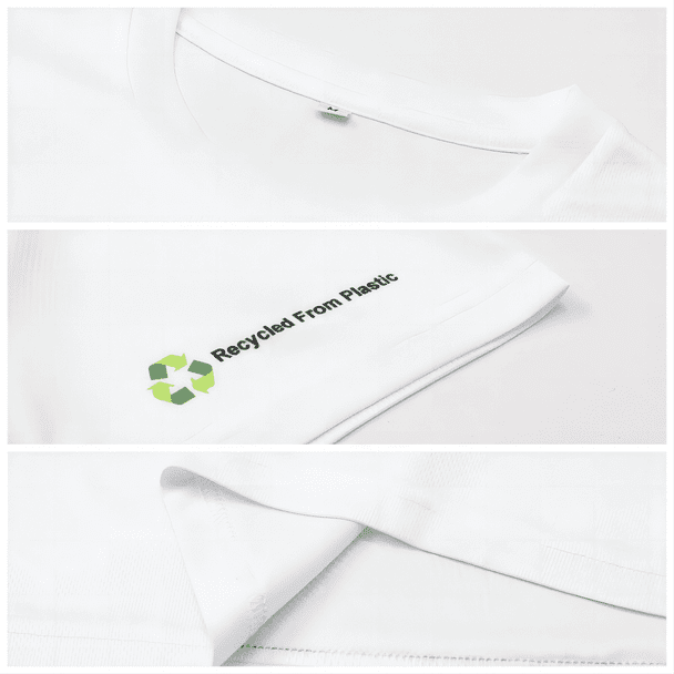 A unisex white RPET sublimated round-collar tee shirt with a logo indicating recycled materials.