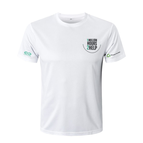 A white unisex RPET sublimated round-collar tee shirt with logo detailing on the front and sleeve.