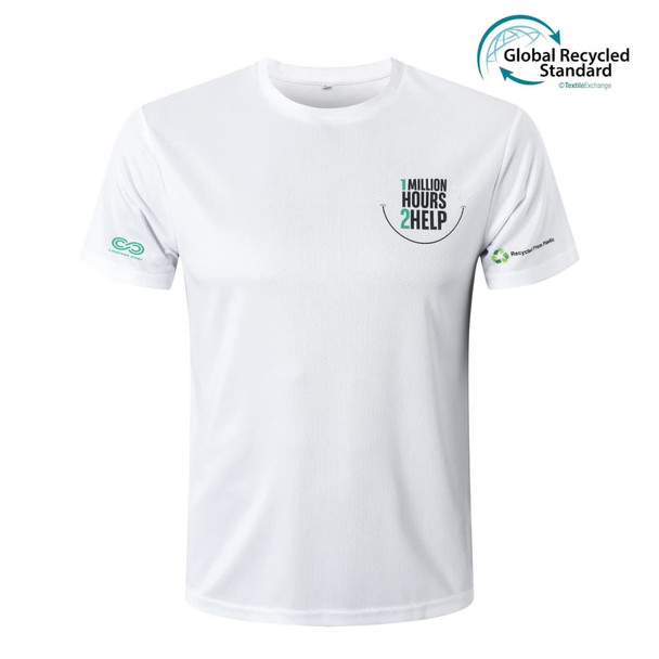 A white round-collar tee shirt with a logo, made from recycled materials, featuring a minimalist design.