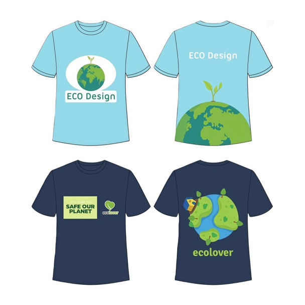 A light blue unisex T-shirt with eco-themed designs on the front and back, featuring a dark blue T-shirt with similar graphics.