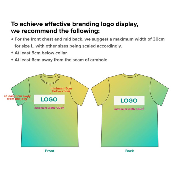 A guideline image for logo placement on a green gradient T-shirt with front and back views, featuring measurements.