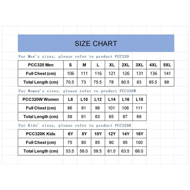 A size chart for a unisex RPET sublimated round-collar tee shirt, detailing measurements for men, women, and kids.