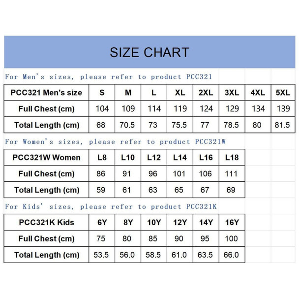 A size chart for unisex T-shirts detailing measurements for men, women, and kids in various sizes.
