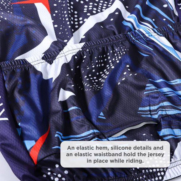 A close-up of a blue and white cycling jersey with an elastic hem and silicone details for secure fit.