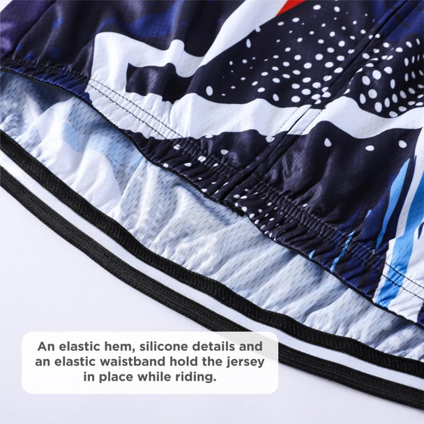 A close-up of the hem of a vibrant cycling jersey featuring a multicoloured design and an elastic waistband with branded details.