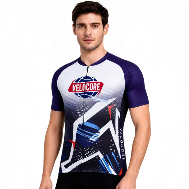 A cycling jersey featuring a stand collar and raglan short sleeves, predominantly in blue and white, with a logo and abstract design.