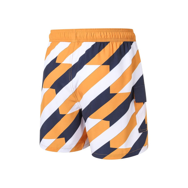 Stylish women's board shorts in orange, navy, and white with a geometric pattern and side pocket. Features a logo.