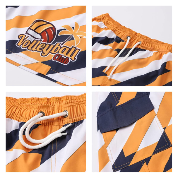 Women's board shorts featuring a vibrant orange and navy design, with a logo and a drawstring waist.