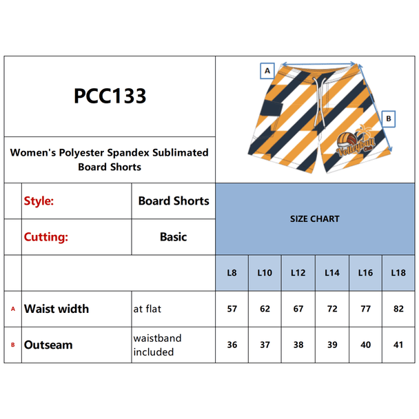 Women's board shorts in orange, navy, and white with a logo, made from polyester spandex. Basic cut design.