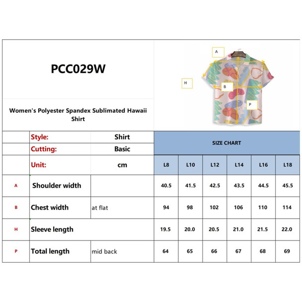 A button-up shirt made of polyester and spandex with a colourful Hawaiian print. It has a logo.