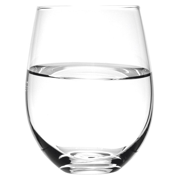 A stemless wine glass, crafted from clear glass, filled with water, showcasing its elegant, curved design.