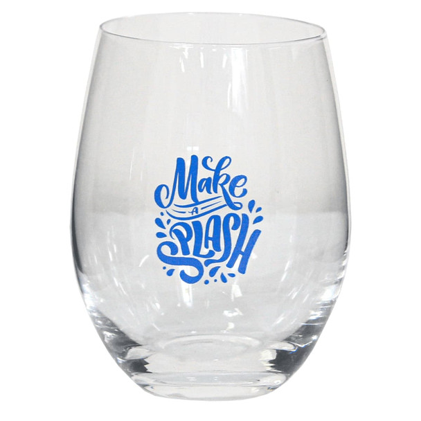 A stemless wine glass with a clear design and a blue printed slogan, featuring a logo.